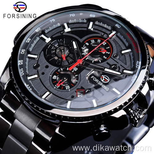 Top Brand Luxury Forsining Watch Three Dial Calendar Display Black Stainless Steel Men Automatic Wrist Watch Military Sport